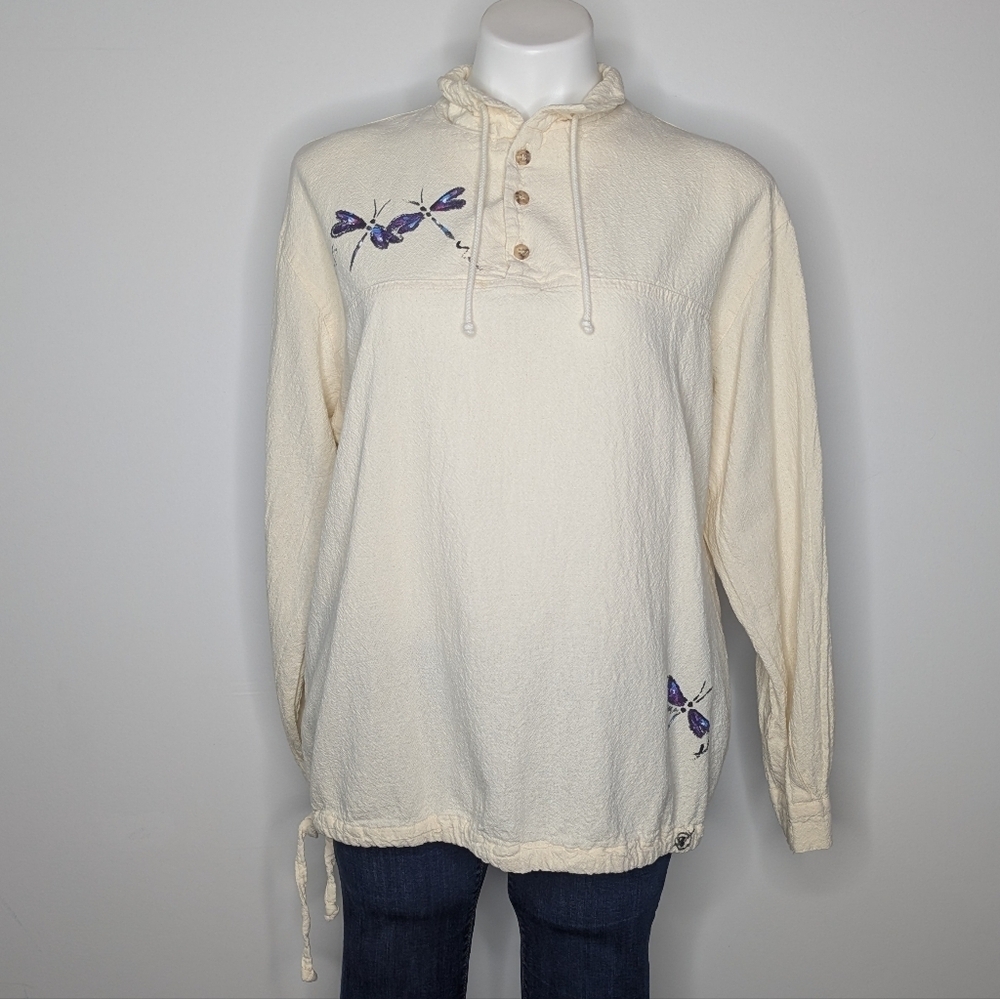Vintage Cottonseed Cream Dragonfly 100% Cotton Hoodie M